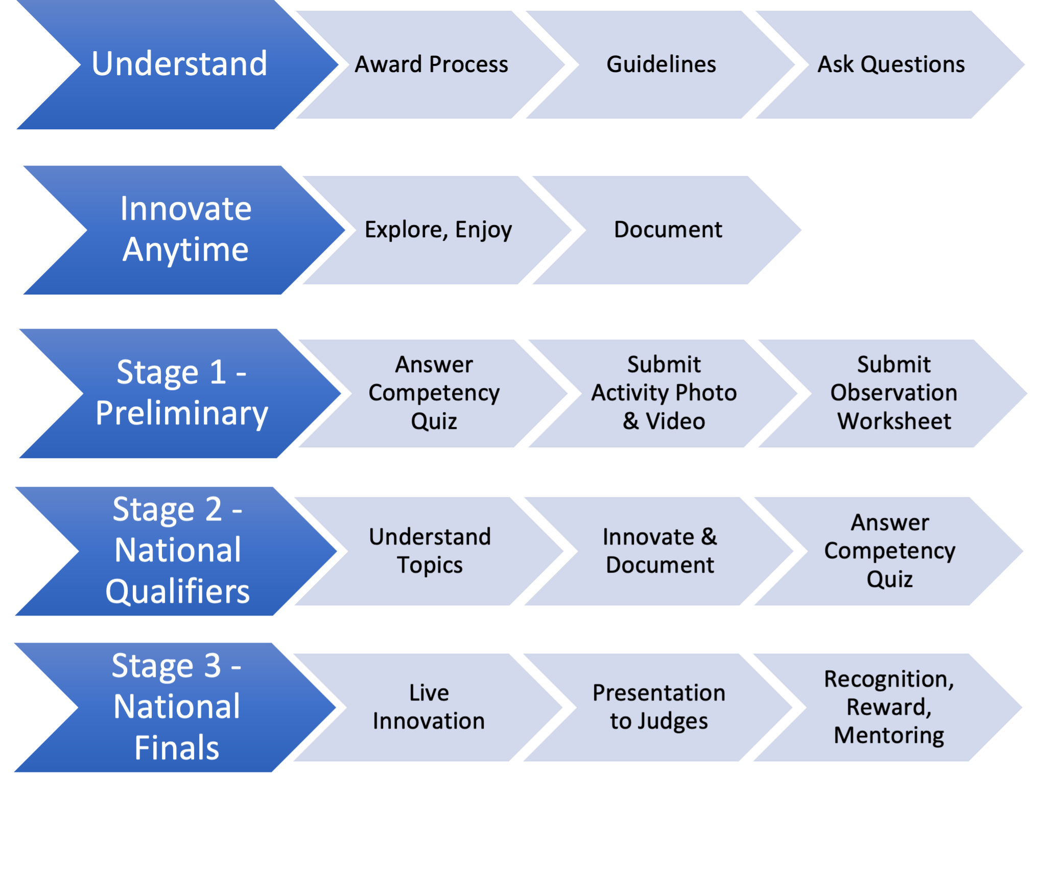 Flowchart of the RYSI process: registration and Stage 1 submission, Stage 1 evaluation and qualifiers, Stage 2 submission and finalist selection, and the national finals with winners
